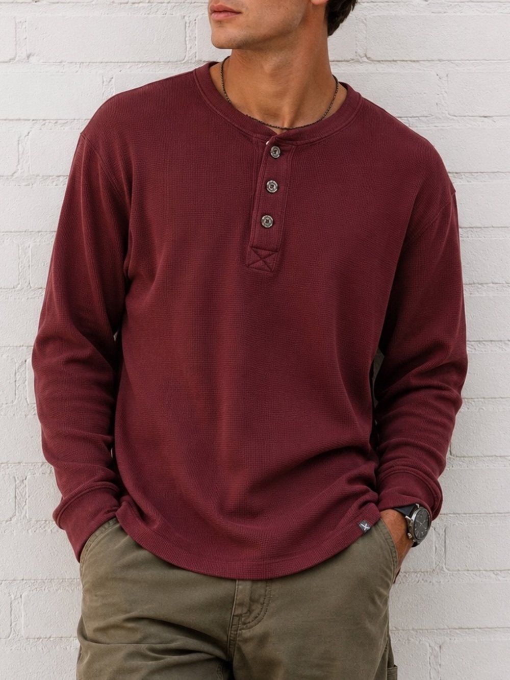 Eddie Bauer Mens XL Burgundy Waffle Knit Henley Thermal Shirt Hiking Outdoor